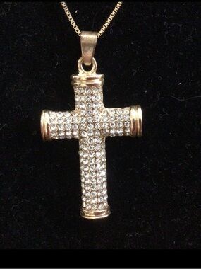 Beautiful pave rhinestone cross/necklace gold washed sterling silver Italy